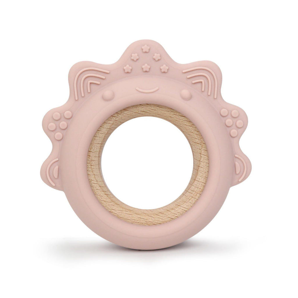 Arudyo Baby Teething Toys Silicone Teethers with Wooden Ring Baby Teether Sensory Toys (Dinosaur Pink)