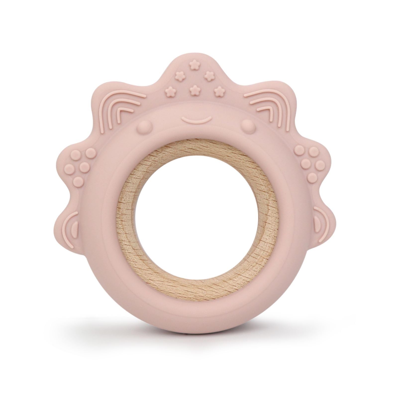 Arudyo Baby Teething Toys Silicone Teethers with Wooden Ring Baby Teether Sensory Toys (Dinosaur Pink)