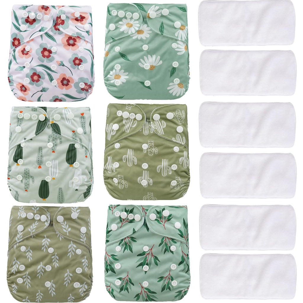 CoolaPeach 12 Set Reusable Adjustable Cloth Diapers for Newborn to 0-3 YearsOne Size Washable Pocket Nappy Covers for Baby Girl and Boy6 Pack Cloth Diapers+6pcs Microfiber Inserts(Green 1)