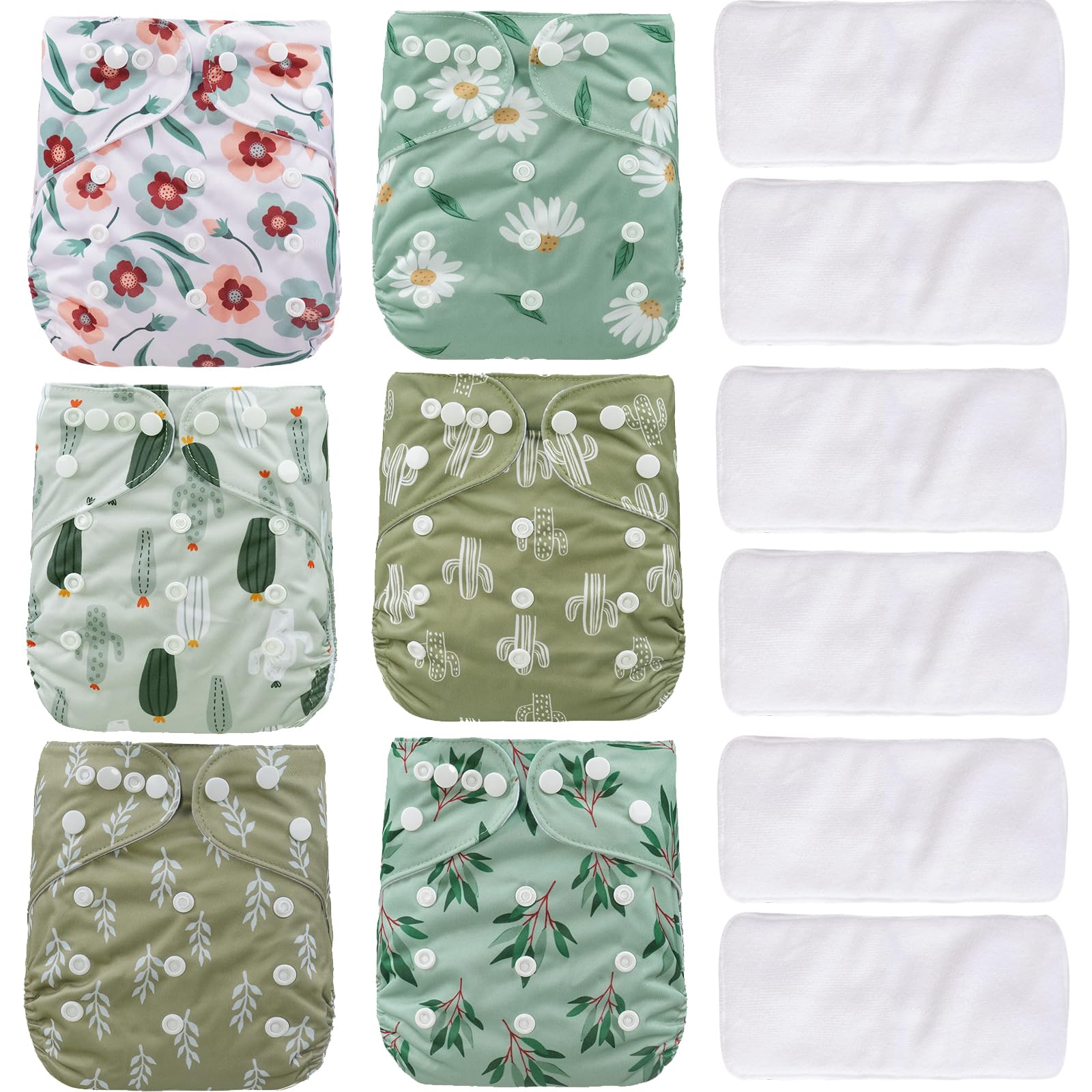 CoolaPeach 12 Set Reusable Adjustable Cloth Diapers for Newborn to 0-3 YearsOne Size Washable Pocket Nappy Covers for Baby Girl and Boy6 Pack Cloth Diapers+6pcs Microfiber Inserts(Green 1)
