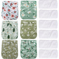 CoolaPeach 12 Set Reusable Adjustable Cloth Diapers for Newborn to 0-3 YearsOne Size Washable Pocket Nappy Covers for Baby Girl and Boy6 Pack Cloth Diapers+6pcs Microfiber Inserts(Green 1)