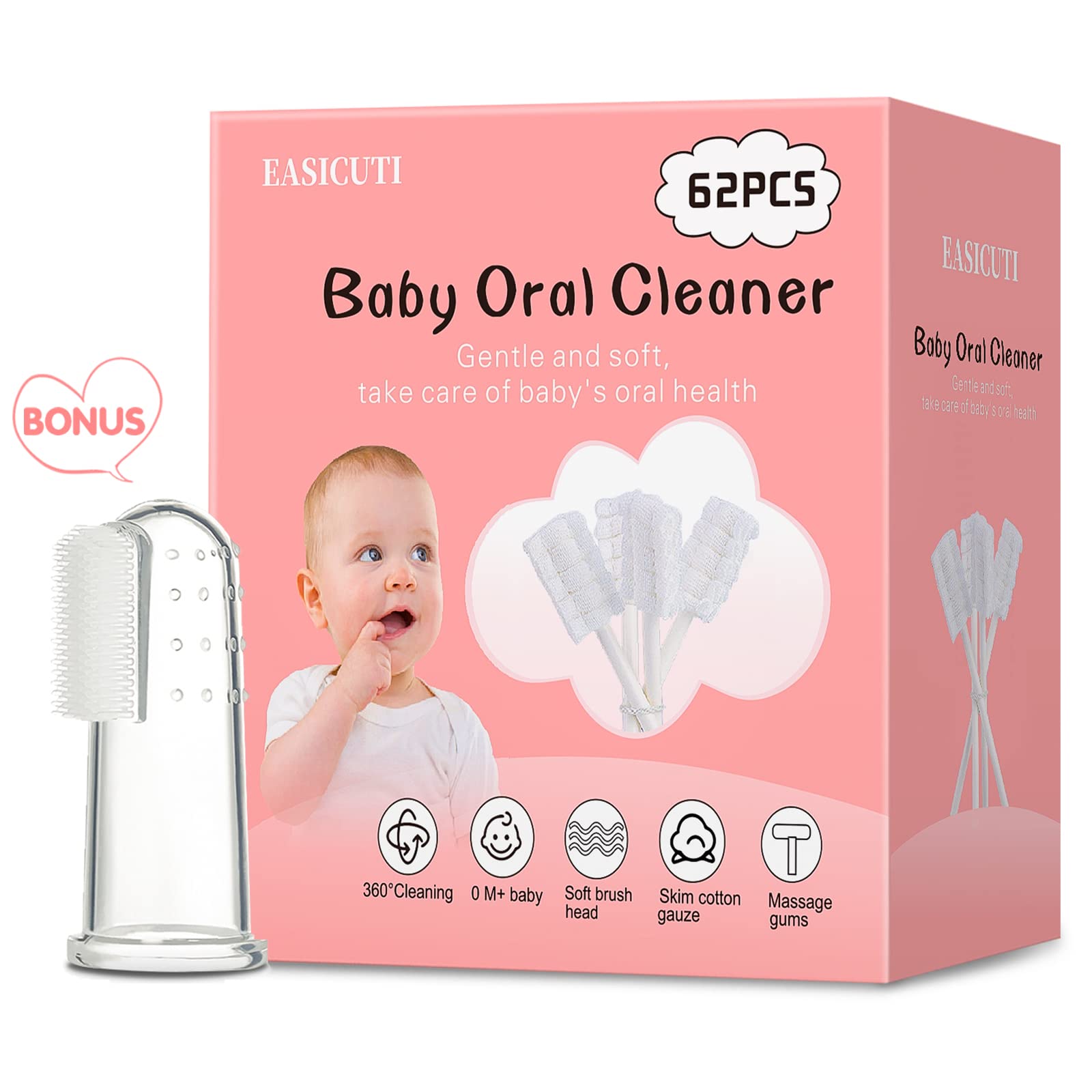 62PCS Baby Tongue Cleaner Baby Oral Cleaner Newborn Baby ToothbrushDisposable Infant Toothbrush Clean Baby MouthGauze Gum Cleaner Stick Dental Care for 0-36 Month Baby+1 Finger Toothbrush with Case