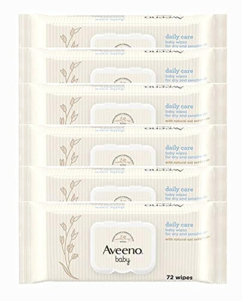 AVEENO Baby Daily Care Wipes - Cleanse Gently and Efficiently - Baby Wipes - Baby Essentials - 72 Wipes Lid On Each Pack Pack of 6 (432 Wipes in Total)