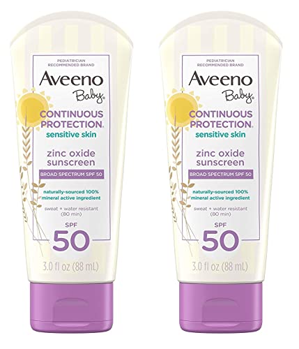 Aveeno Baby Continuous Protection Zinc Oxide Mineral Sunscreen Lotion for Sensitive Skin with Broad Spectrum SPF 50 Tear-Free Sweat- & Water-Resistant Travel-Size 3 fl. Oz