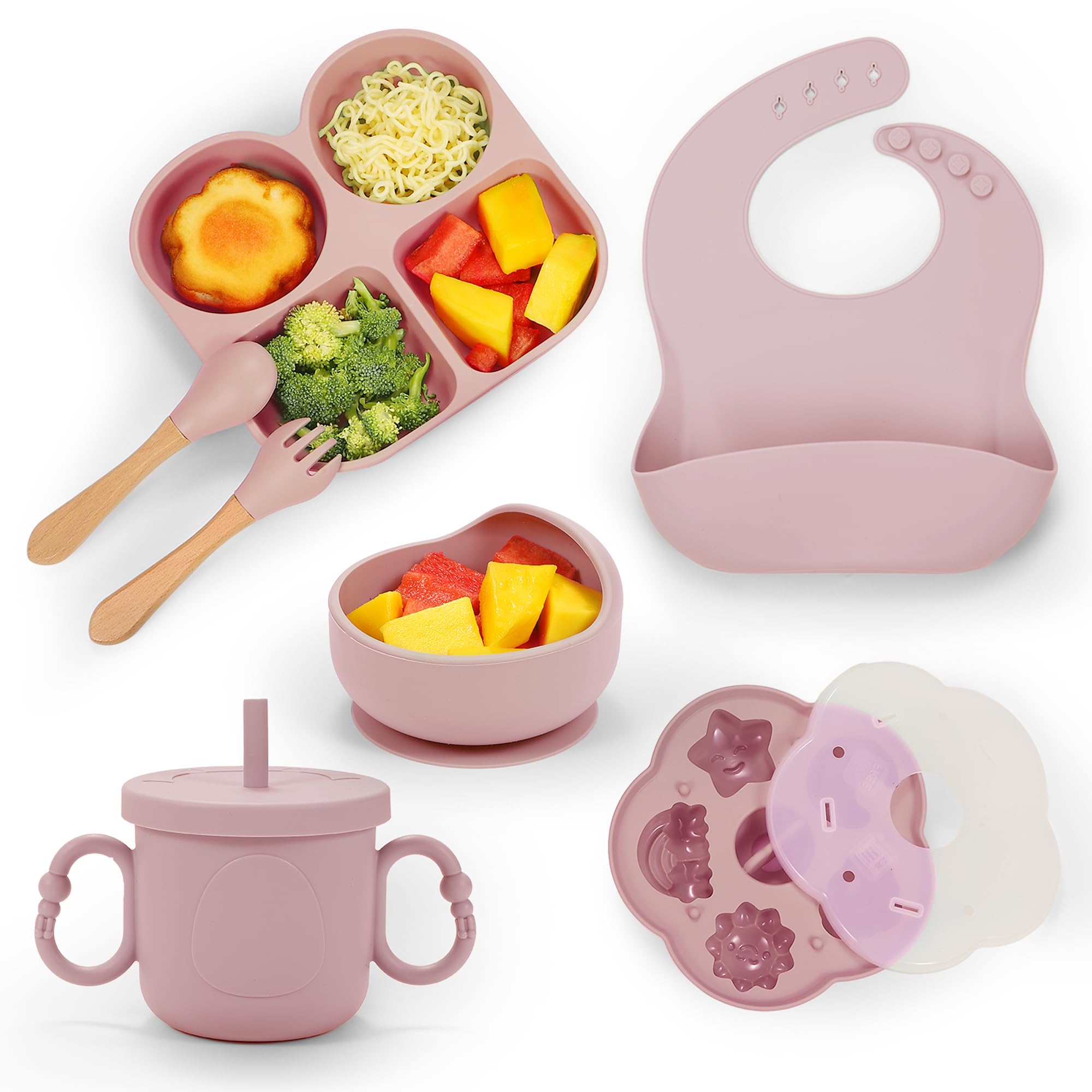 MIICASA Silicone Baby Feeding Set Baby Led Weaning Supplies Baby Food Tableware Silicone Suction Plate Bowl Spoons Fork Waterproof Bib Cup & Complementary Food Cake Mold Baby Eating Utensils