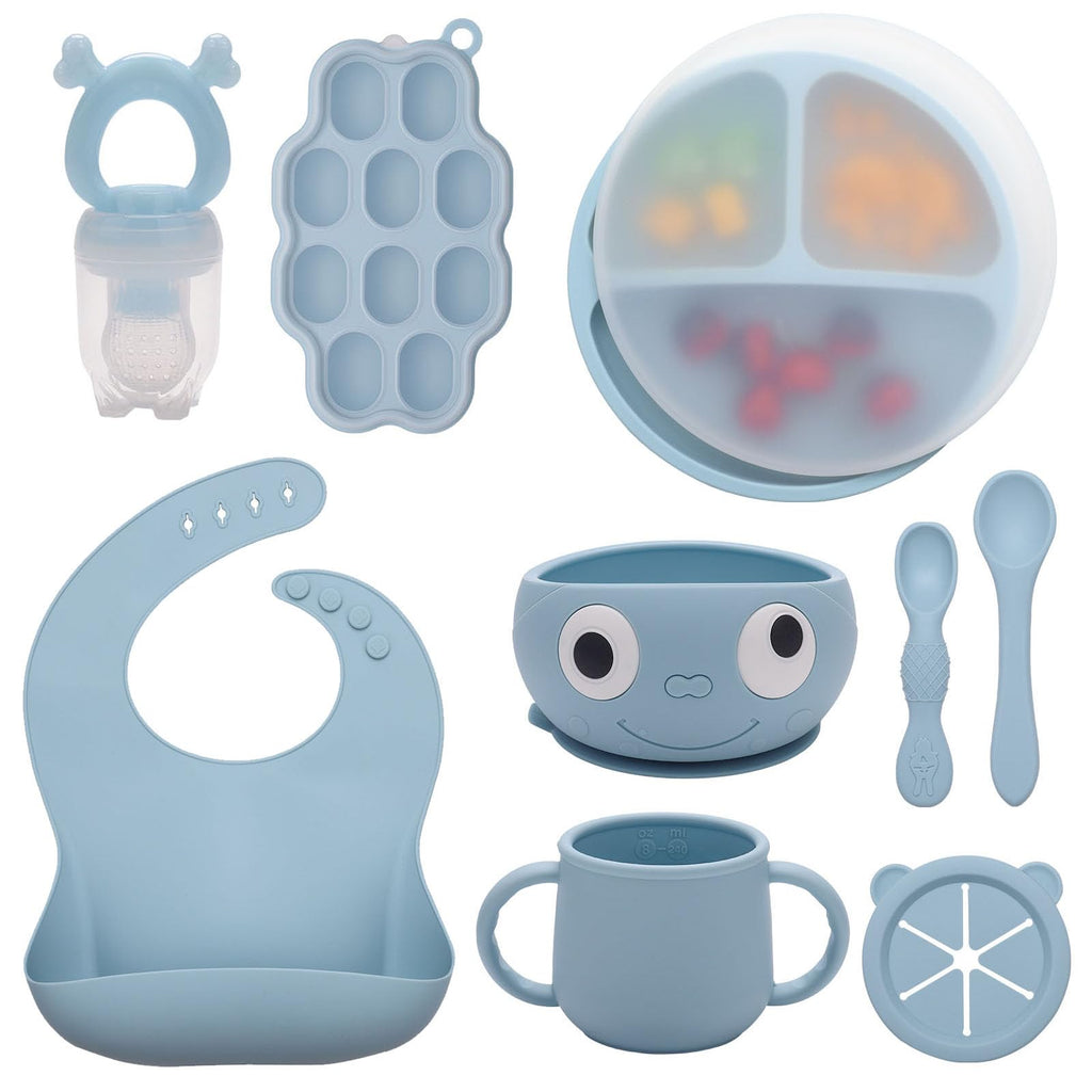 btrfe Silicone Baby Feeding Set Toddler Led Weaning Supplies Suction Smile Bowl Divided Plate with Lid Fresh Food Pacifier Feeder & Freezer Nibble Tray Baby Self Feeding Bib Cup Spoons
