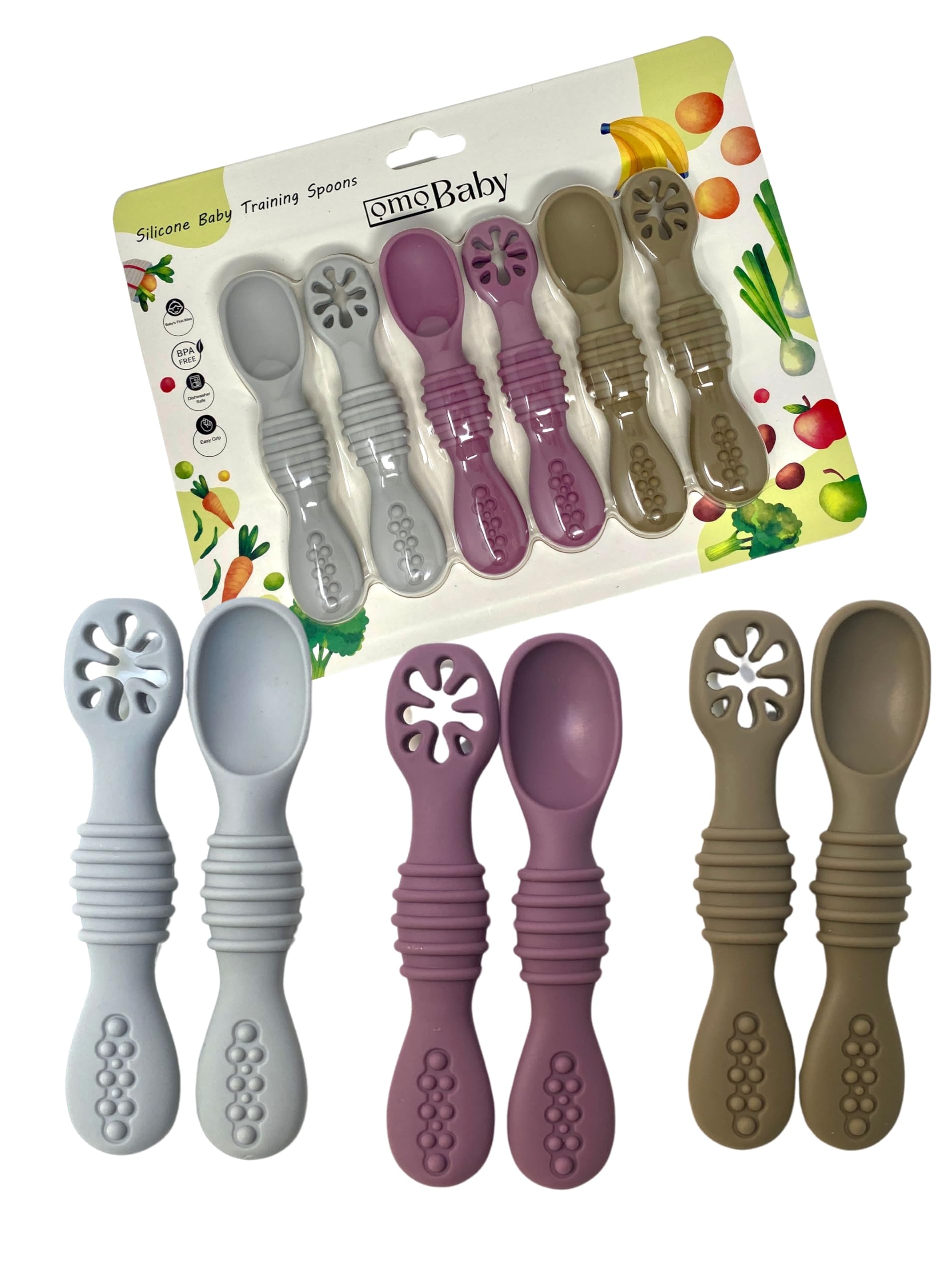 omoBaby 6 Pack Baby Led Weaning Silicone Spoons (Purple)