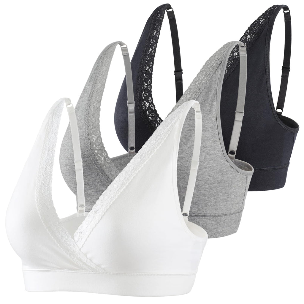 COLOMI Maternity Nursing Bra Wirefree Cotton Breastfeeding Bra for Sleep Lace Maternity Bralette (M Black+Grey+White)