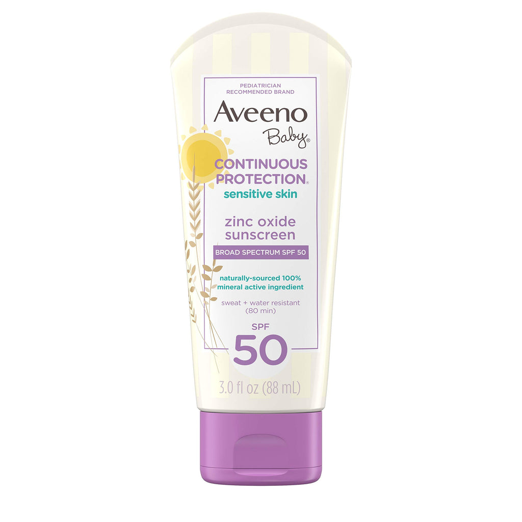 Aveeno Baby Continuous Protection Zinc Oxide Mineral Sunscreen Lotion for Sensitive Skin with Broad Spectrum SPF 50 Tear-Free Sweat- & Water-Resistant Travel-Size 3 fl. Oz