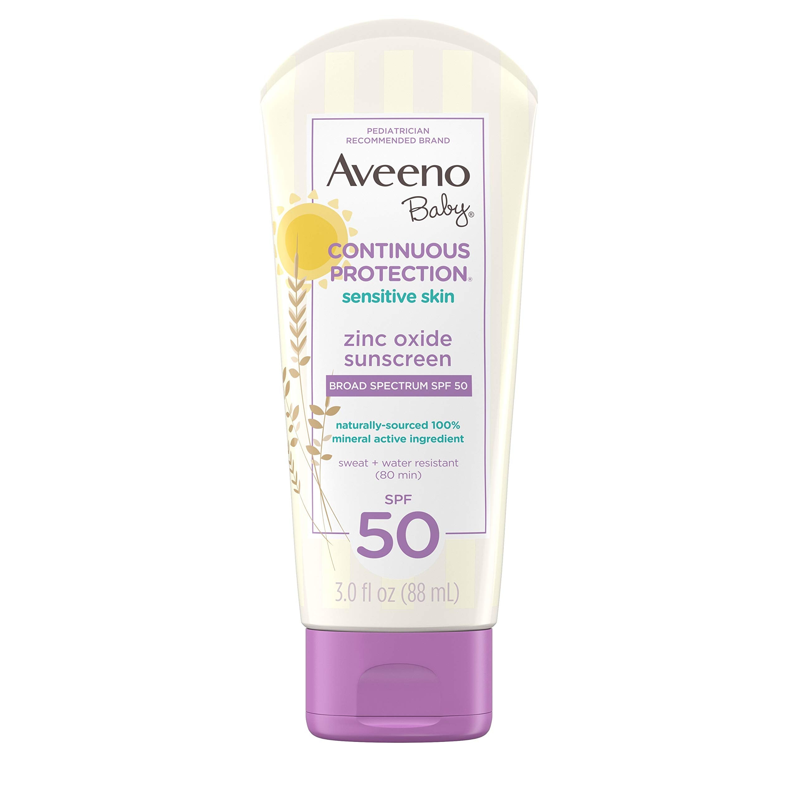 Aveeno Baby Continuous Protection Zinc Oxide Mineral Sunscreen Lotion for Sensitive Skin with Broad Spectrum SPF 50 Tear-Free Sweat- & Water-Resistant Travel-Size 3 fl. Oz