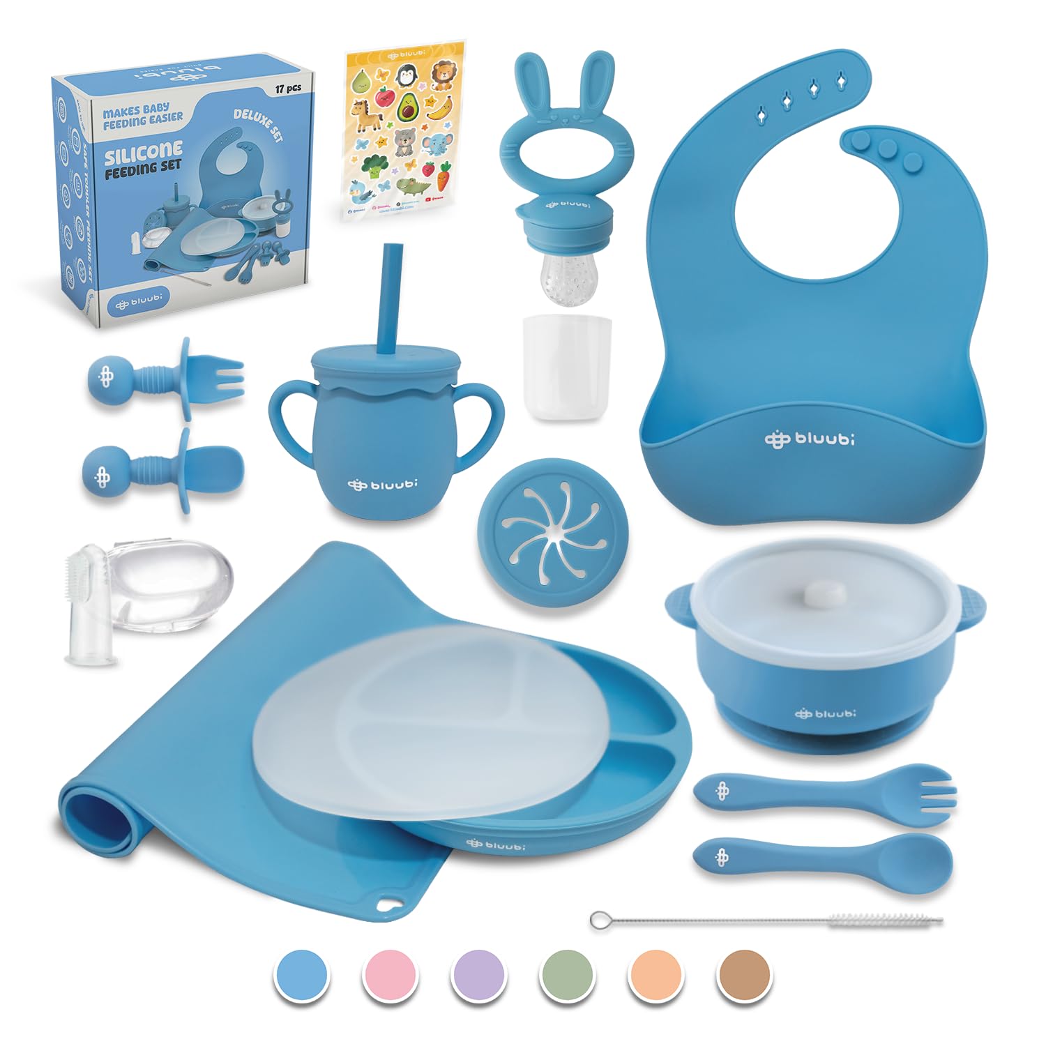 Bluubi Silicone Baby Feeding Set - Infant Tableware for First Foods & Baby Led Weaning (0+ Months) Easy to Clean Durable Perfect for Baby Boy or Girl Solid Feeding - Blue - Deluxe