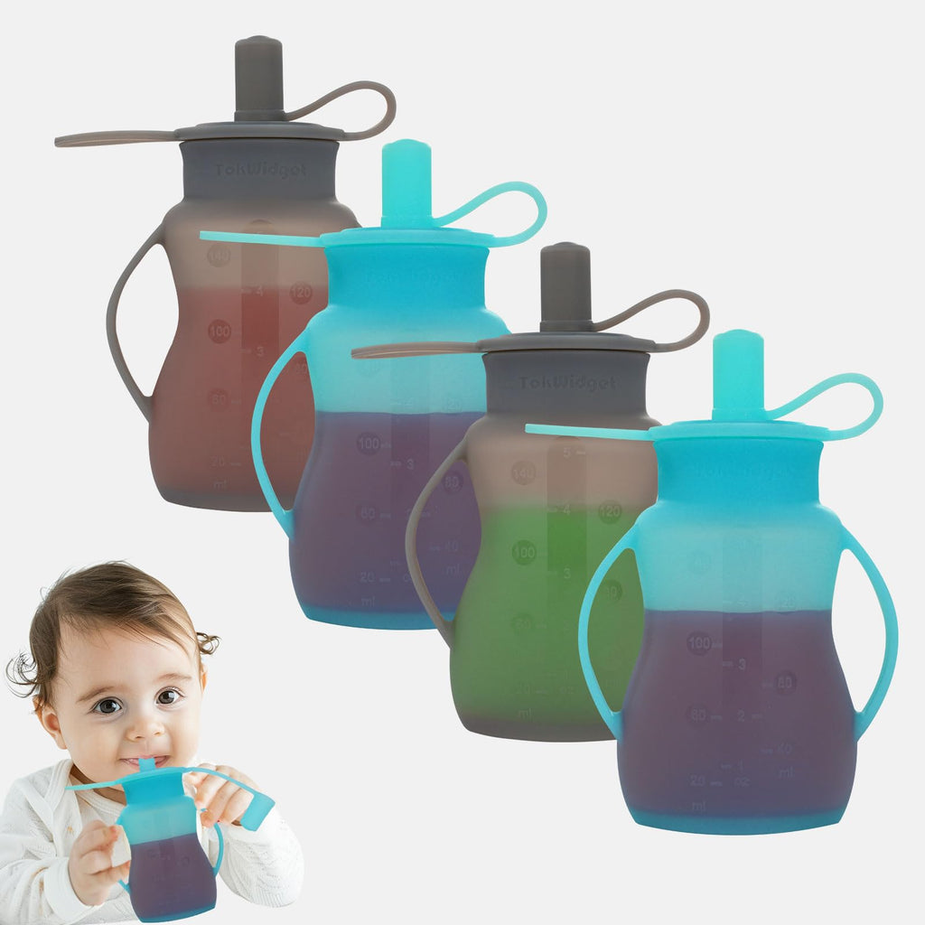 Reusable Silicone Baby Food Pouches Feed Applesauce Yogurt Fruit or Vegetable Puree Smoothies 4 Pack Blue and Grey