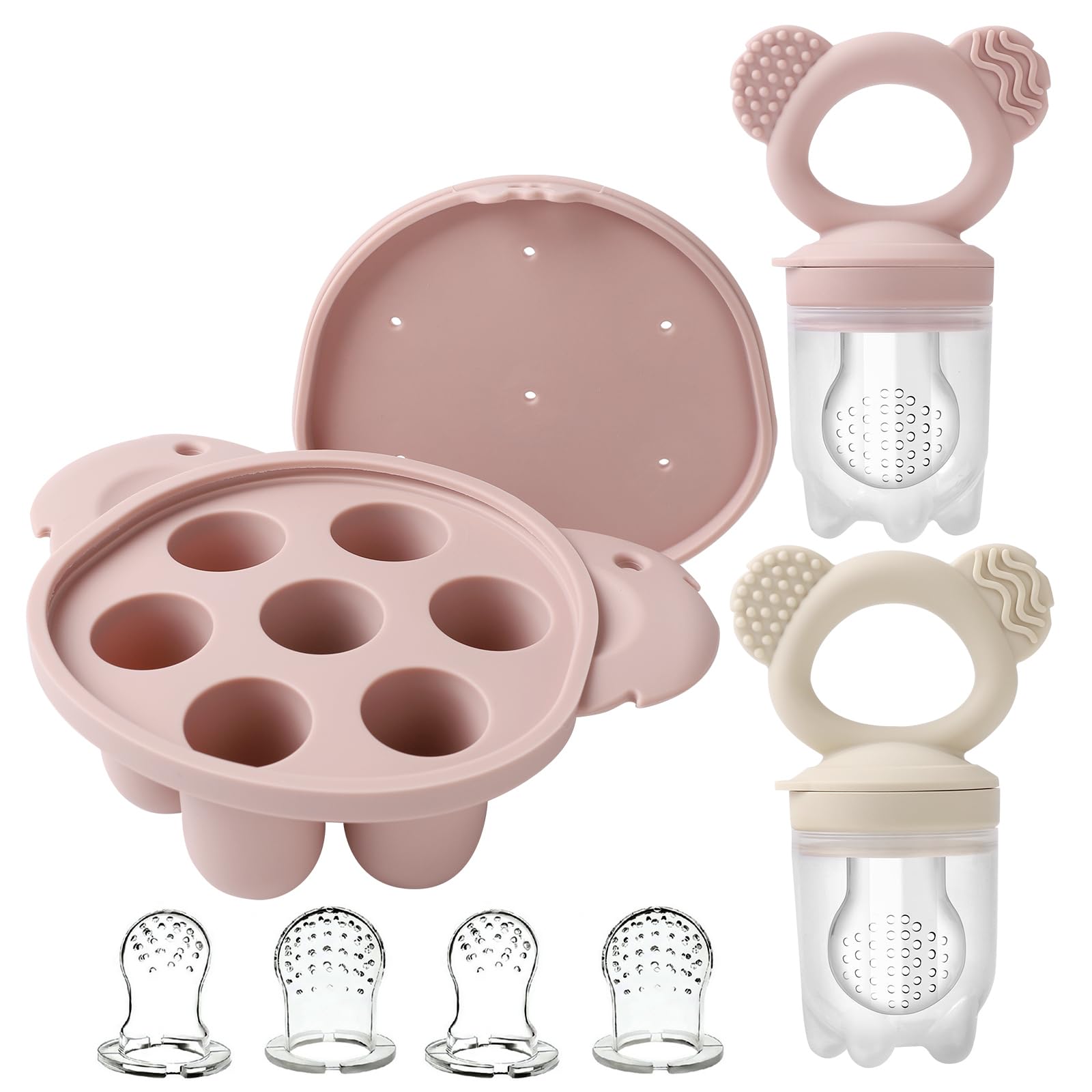 AULEGE Baby Breastmilk Popsicle Molds & Baby Fruit Feeder Baby Food Freezer Tray Storage Containers Silicone Pacifier Feeder for Teething Relief Include 3 Sizes Food Pouches(Rose Pink)