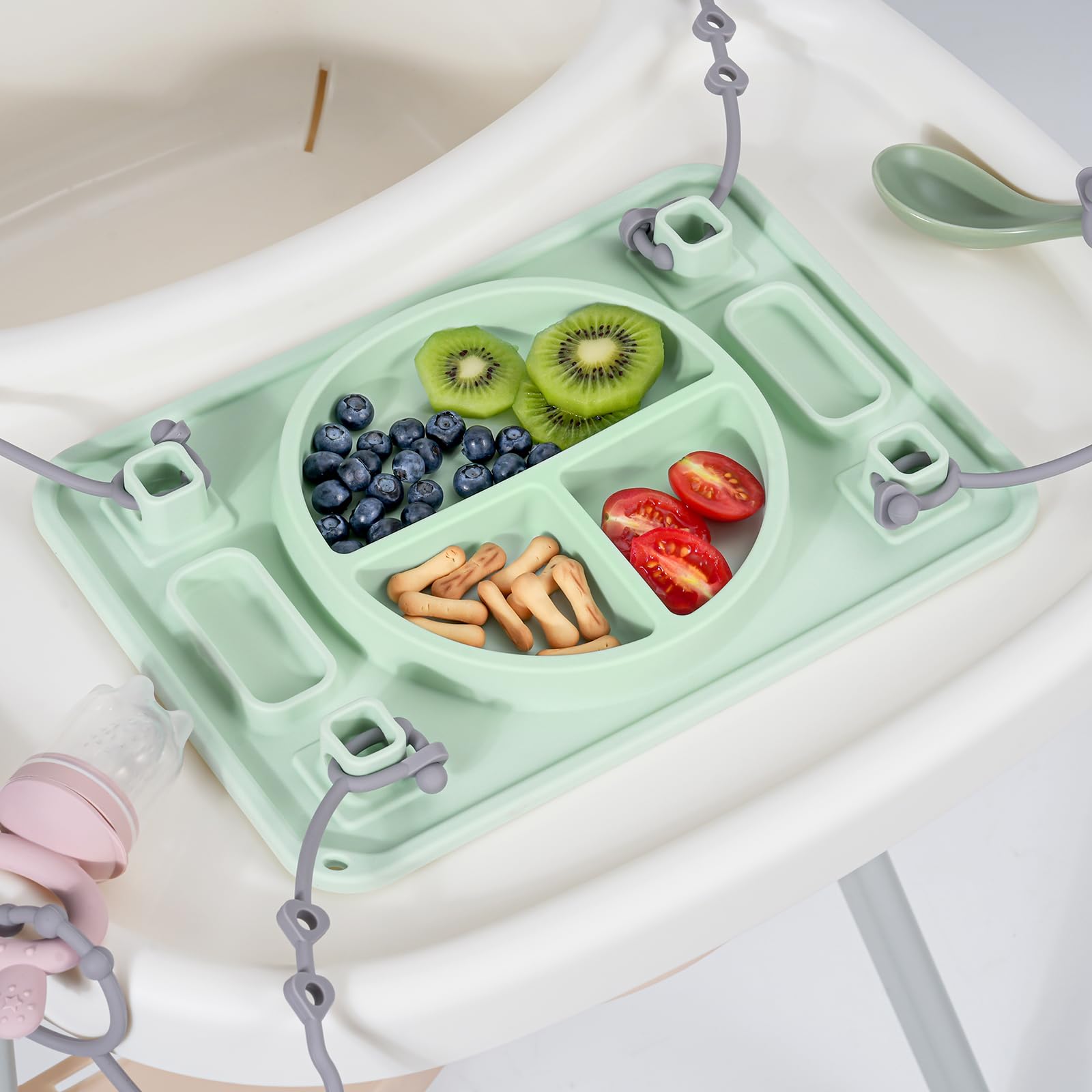 Platinum Food Grade Silicone Plates with Strong Suction for Baby & Toddlers Baby Placemats with 4 Toy Straps to Secure Baby Essentials Baby Led Weaning Self Feeding Dishwasher Safe (Green)