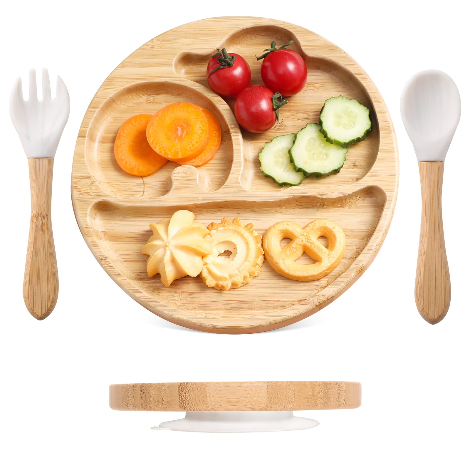 Suction Plates for Baby & Toddler Bamboo Divided Platter Feeding Dishes with Silicone Fork& Spoon All-Natural Baby Food Plate Stays for Baby-Led Weaning Non-Slip Design