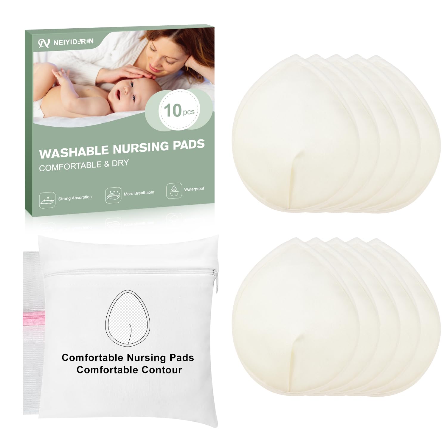 Organic Nursing Pads - Wash Bag & Storage Bag 10PCS Washable Breastfeeding Pads Soft & Super Absorbent Reusable Breast Pads for Breastfeeding Nipple Pads for Breastfeeding Essentials