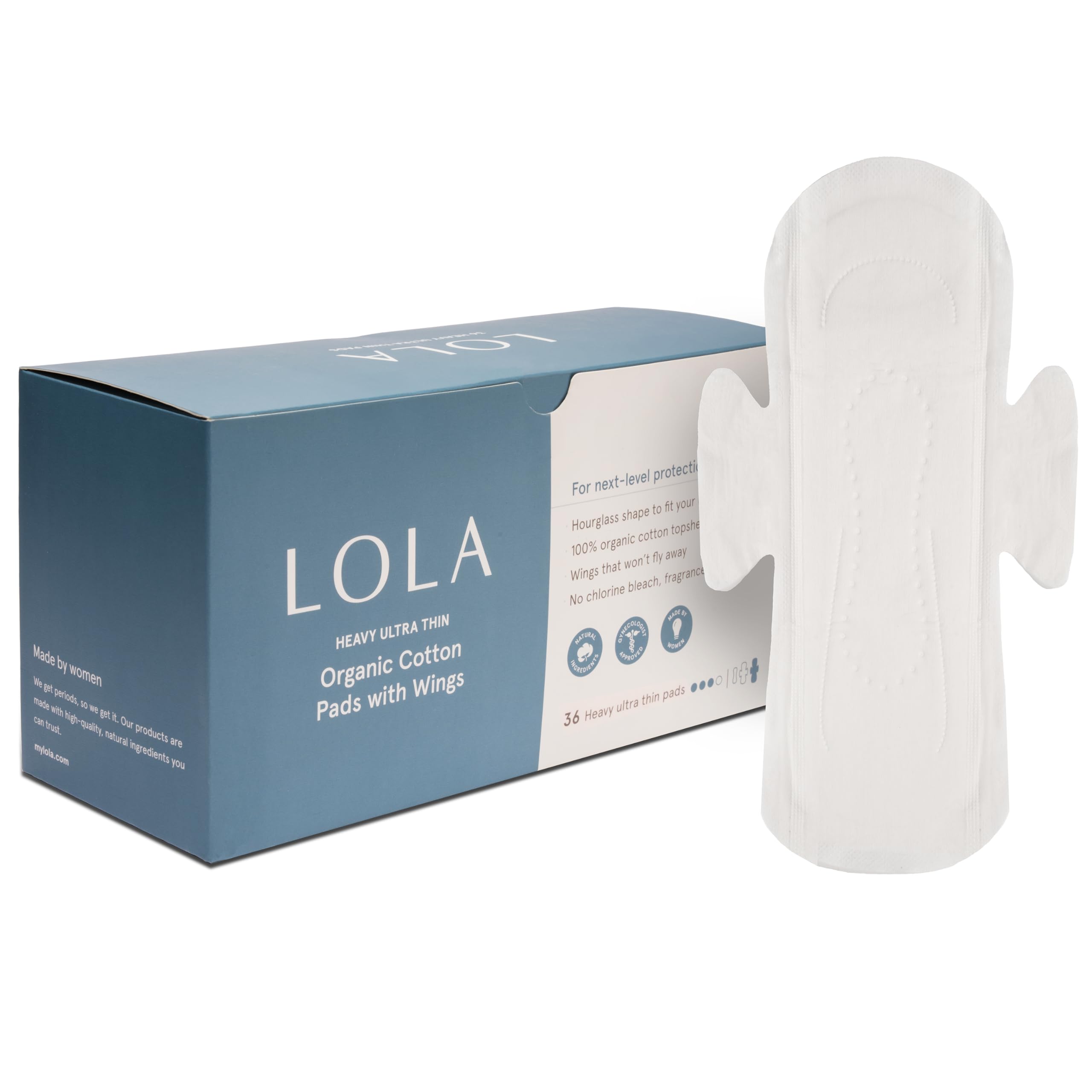 LOLA Organic Cotton Pads 36 Count - Ultra Thin Pad with Wings Cotton Organic Pads for Women HSA FSA Approved Products Feminine Care Heavy
