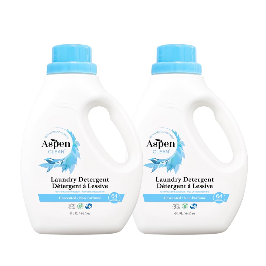 AspenClean Natural Laundry Detergent Unscented - 100% Natural Organic HE Liquid Laundry Detergent - Vegan Cruelty-Free Biodegradable - Safe for Babies Pets & Kids - EWG Certified (2 pack)