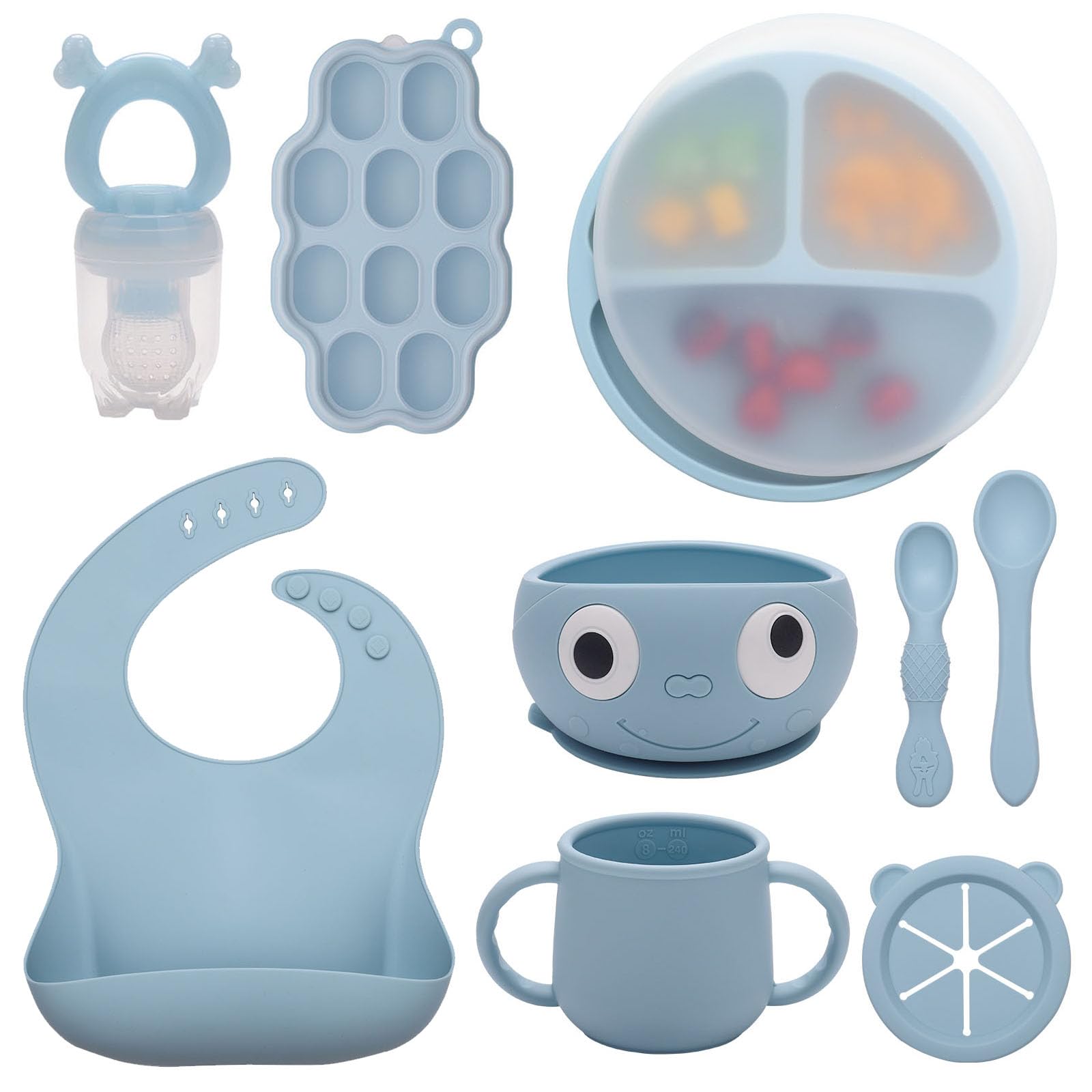 btrfe Silicone Baby Feeding Set Toddler Led Weaning Supplies Suction Smile Bowl Divided Plate with Lid Fresh Food Pacifier Feeder & Freezer Nibble Tray Baby Self Feeding Bib Cup Spoons